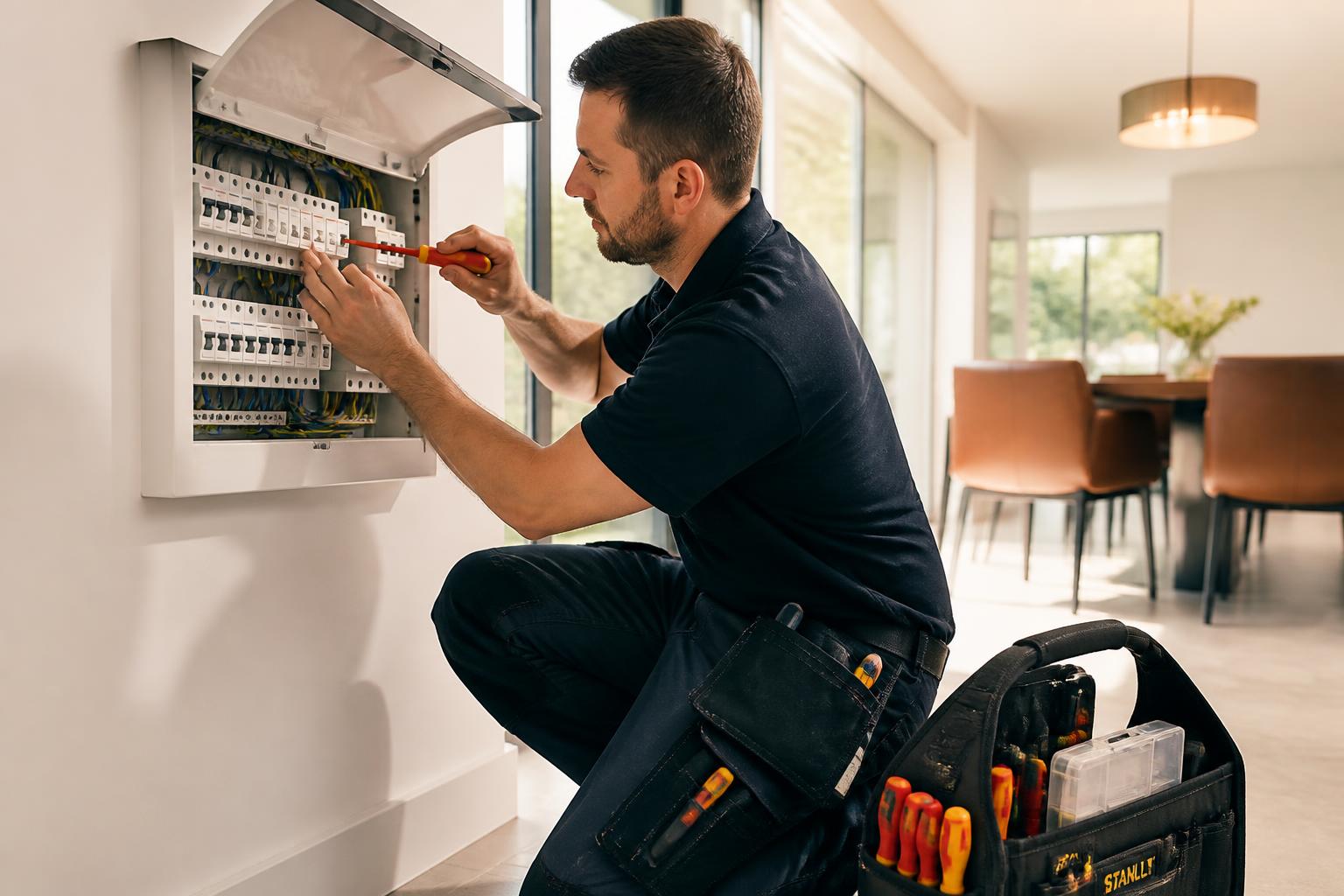 Professional electrician working in a modern home